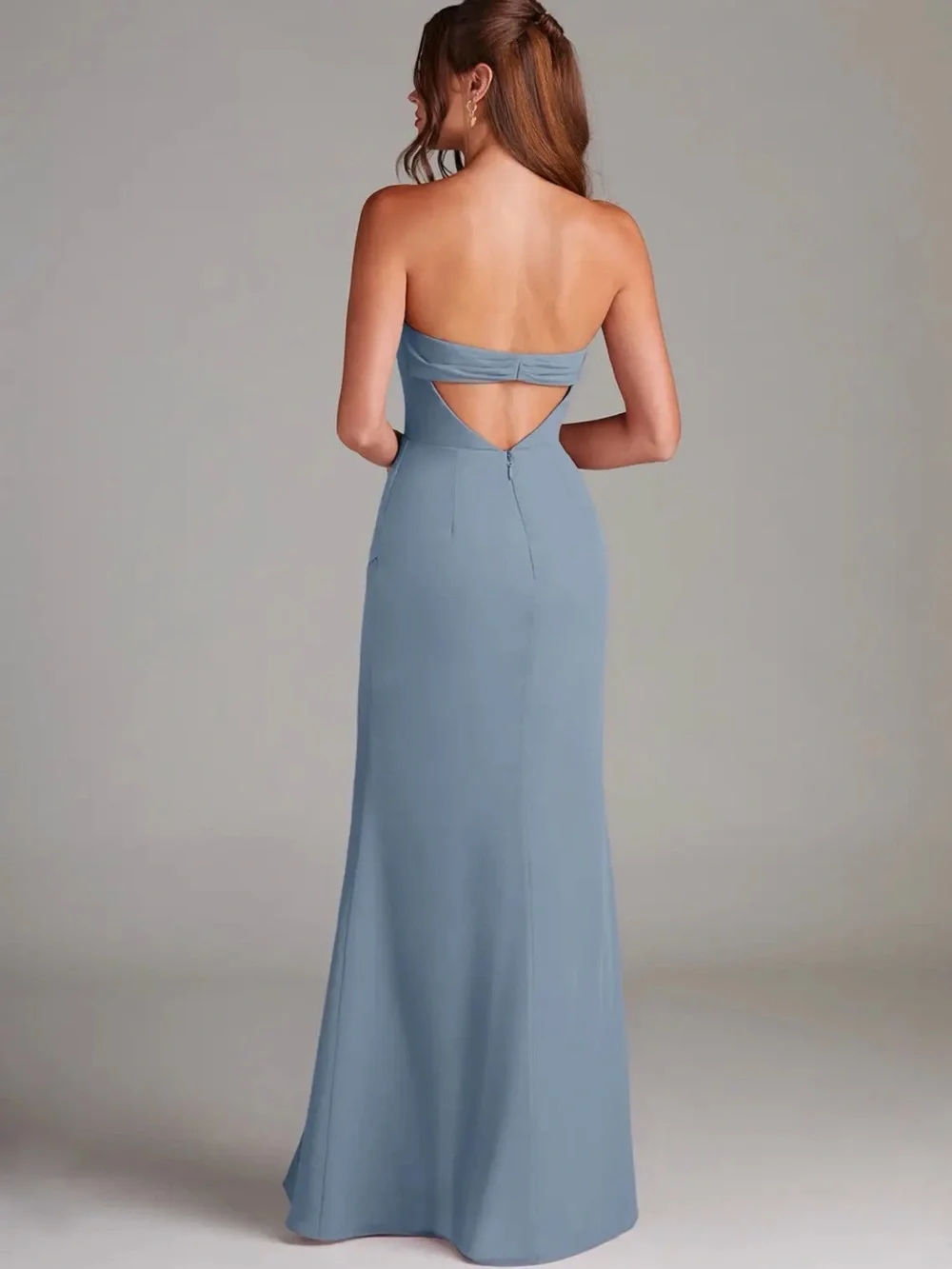 Azazie Strapless Dusty Blue Evening Gown with High Slit